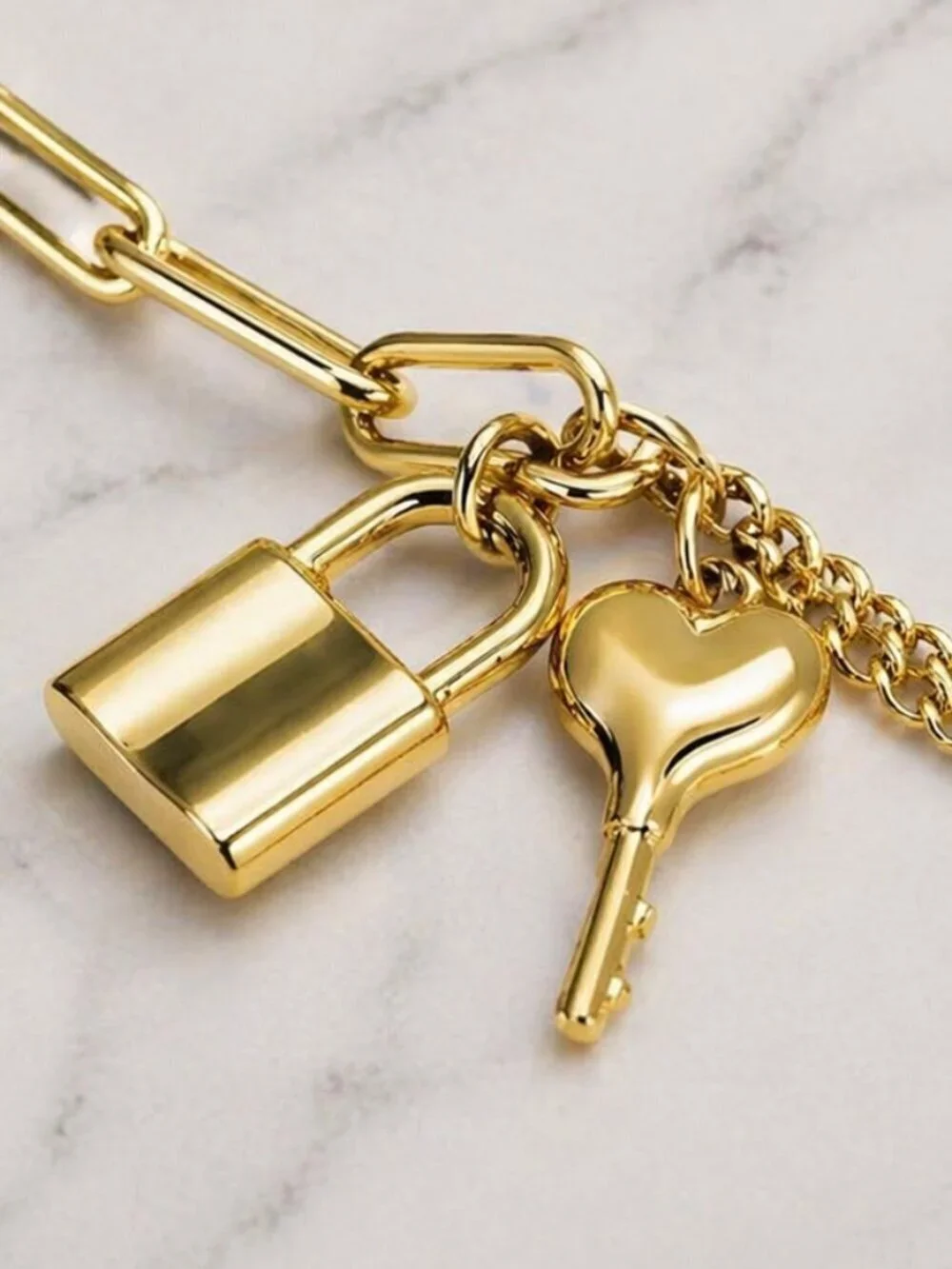 Coquette Y2K 18K Gold Padlock Heart Key Charm Layered Chain Bracelet Gift